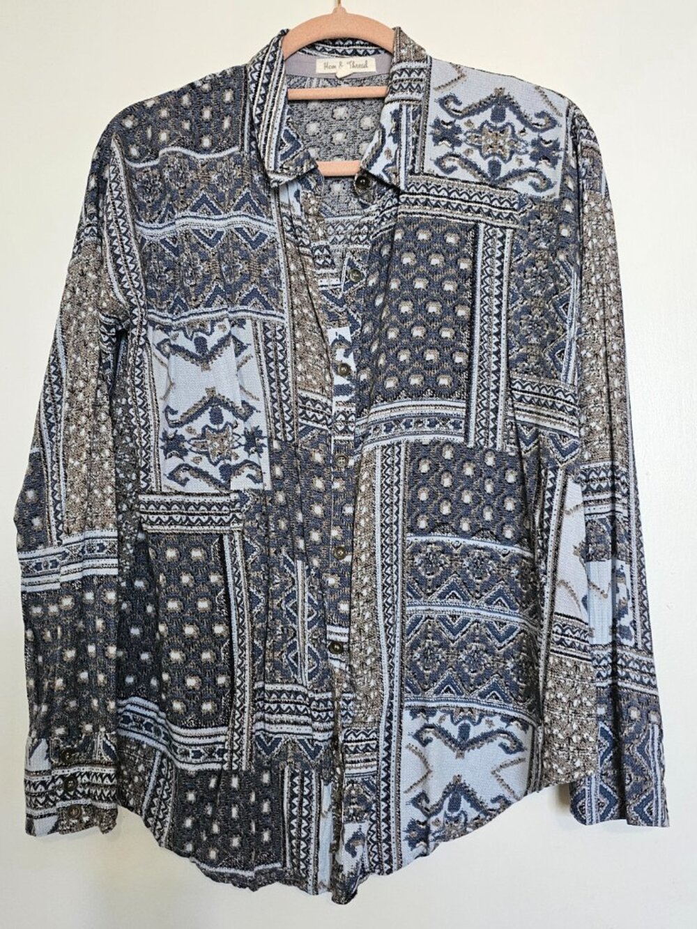 Hem & Thread Boho Mixed Print Patchwork Rayon Button Up Long Sleeve Shirt Blouse